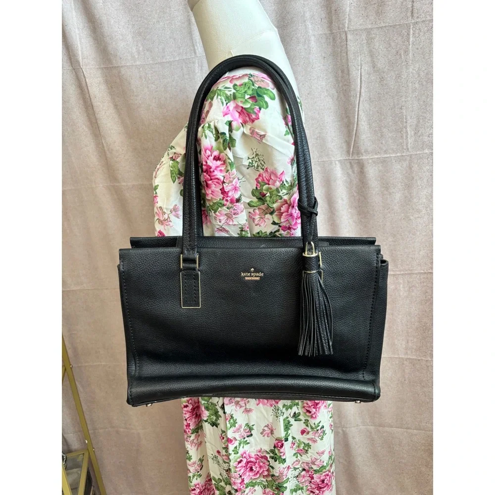 Kate Spade Black Pebbled Leather Tassel Tote Bag Triple Compartment Satchel - Picture 1 of 7